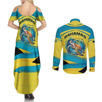 Bahamas Flag Couples Matching Summer Maxi Dress and Long Sleeve Button Shirt with National Coat of Arms and Sea Turtle Design - Wonder Print Shop