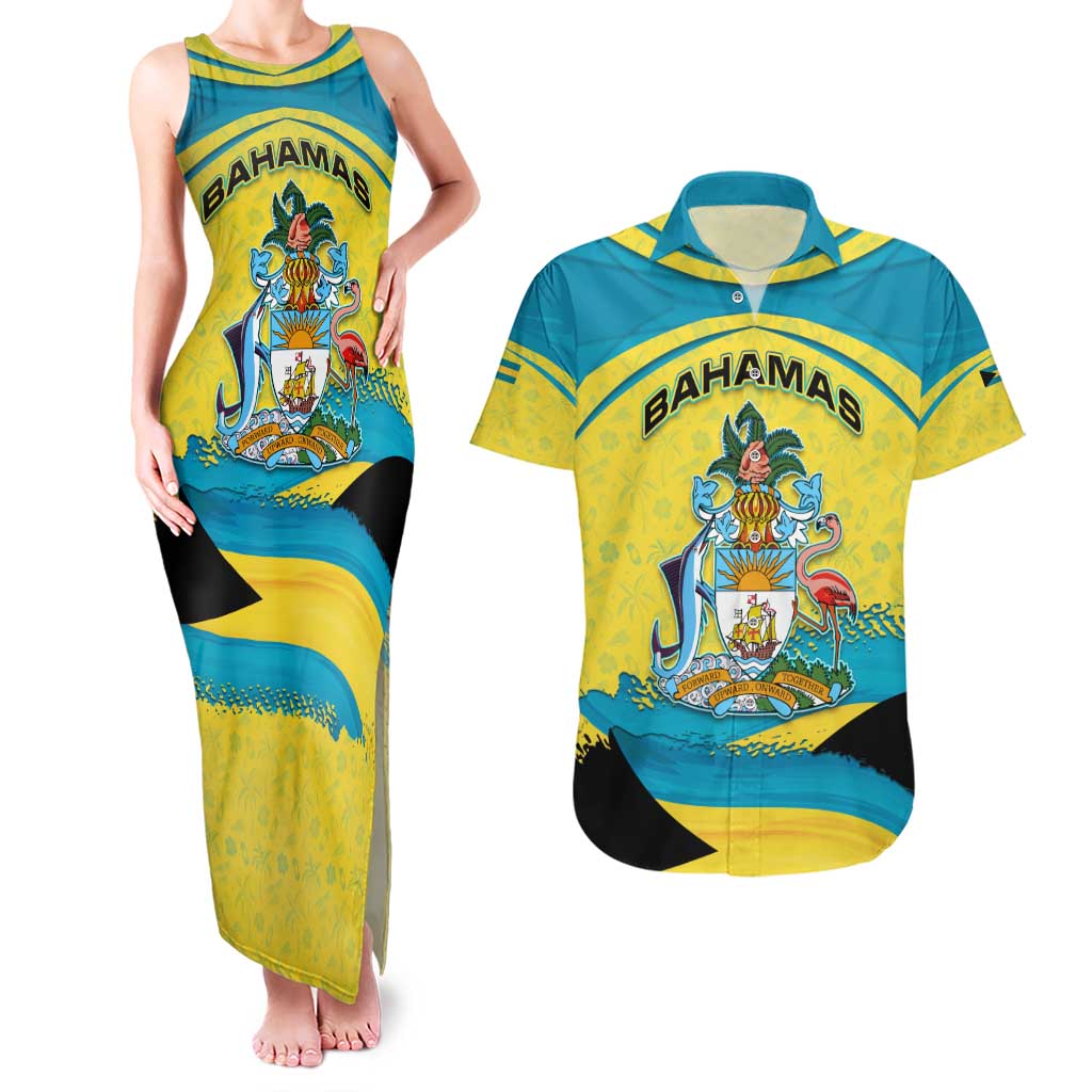 Bahamas Flag Couples Matching Tank Maxi Dress and Hawaiian Shirt with National Coat of Arms and Sea Turtle Design - Wonder Print Shop