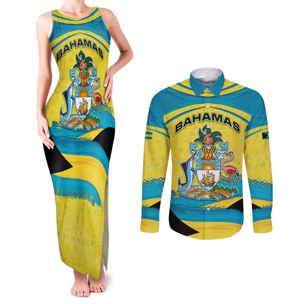 Bahamas Flag Couples Matching Tank Maxi Dress and Long Sleeve Button Shirt with National Coat of Arms and Sea Turtle Design - Wonder Print Shop