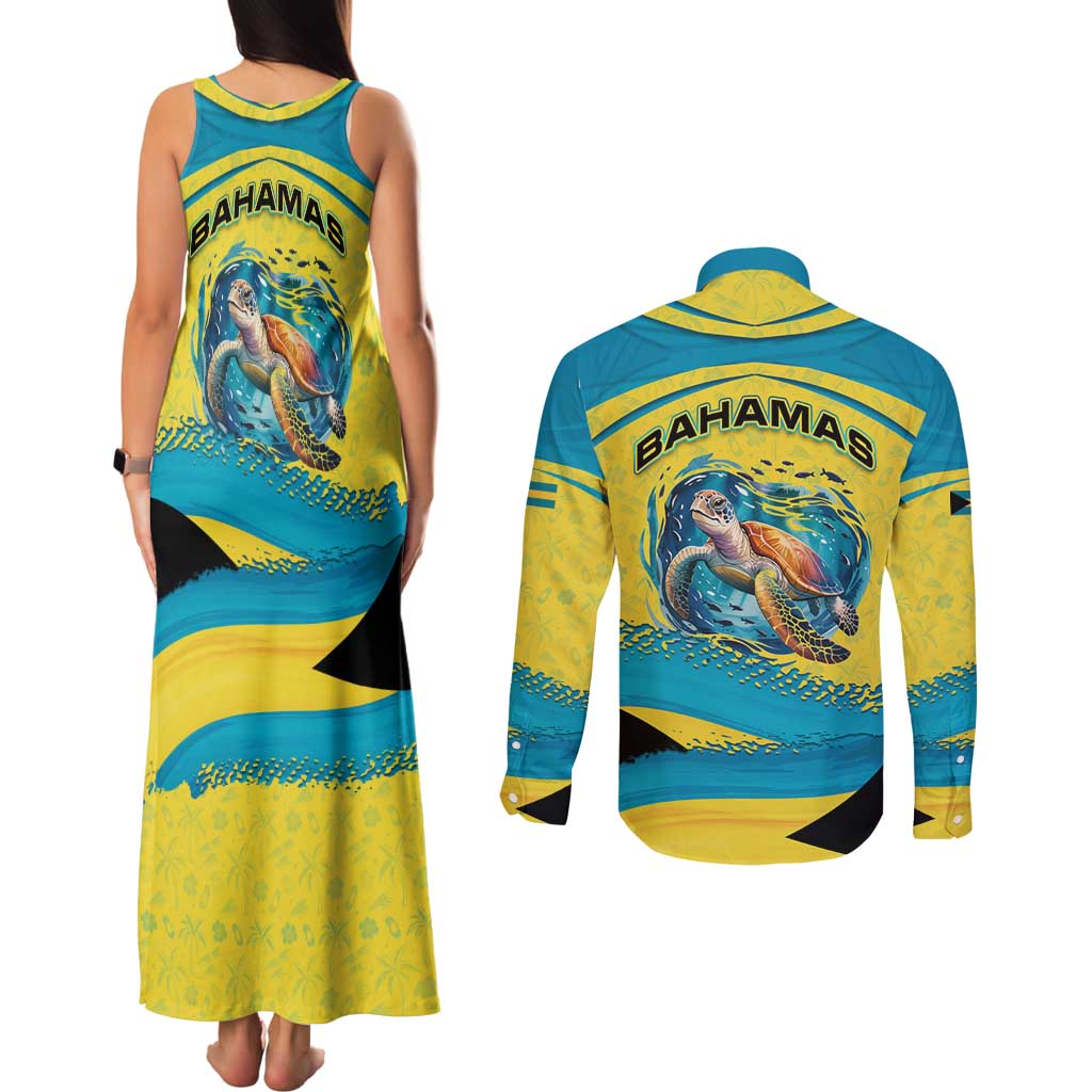 Bahamas Flag Couples Matching Tank Maxi Dress and Long Sleeve Button Shirt with National Coat of Arms and Sea Turtle Design - Wonder Print Shop