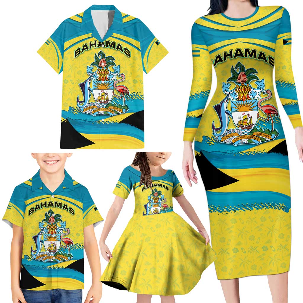 Bahamas Flag Family Matching Long Sleeve Bodycon Dress and Hawaiian Shirt with National Coat of Arms and Sea Turtle Design - Wonder Print Shop