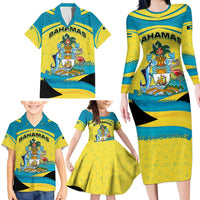 Bahamas Flag Family Matching Long Sleeve Bodycon Dress and Hawaiian Shirt with National Coat of Arms and Sea Turtle Design - Wonder Print Shop