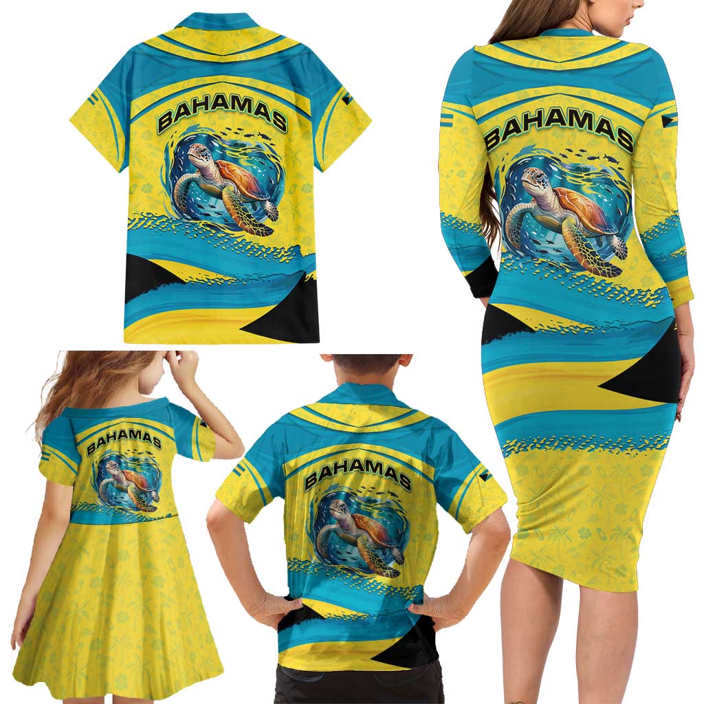 Bahamas Flag Family Matching Long Sleeve Bodycon Dress and Hawaiian Shirt with National Coat of Arms and Sea Turtle Design - Wonder Print Shop