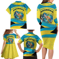 Bahamas Flag Family Matching Long Sleeve Bodycon Dress and Hawaiian Shirt with National Coat of Arms and Sea Turtle Design - Wonder Print Shop