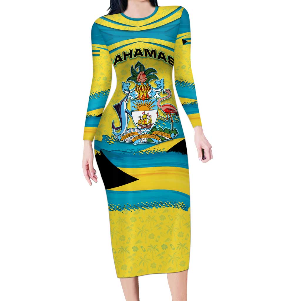 Bahamas Flag Family Matching Long Sleeve Bodycon Dress and Hawaiian Shirt with National Coat of Arms and Sea Turtle Design - Wonder Print Shop