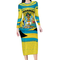 Bahamas Flag Family Matching Long Sleeve Bodycon Dress and Hawaiian Shirt with National Coat of Arms and Sea Turtle Design - Wonder Print Shop