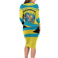 Bahamas Flag Family Matching Long Sleeve Bodycon Dress and Hawaiian Shirt with National Coat of Arms and Sea Turtle Design - Wonder Print Shop