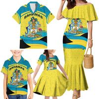 Bahamas Flag Family Matching Mermaid Dress and Hawaiian Shirt with National Coat of Arms and Sea Turtle Design - Wonder Print Shop