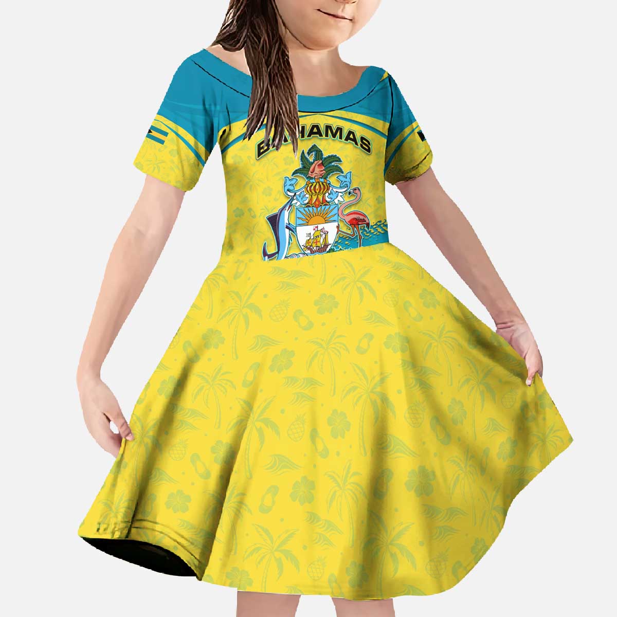 Bahamas Flag Family Matching Off The Shoulder Long Sleeve Dress and Hawaiian Shirt with National Coat of Arms and Sea Turtle Design - Wonder Print Shop