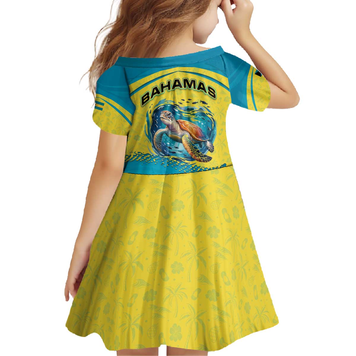 Bahamas Flag Family Matching Off The Shoulder Long Sleeve Dress and Hawaiian Shirt with National Coat of Arms and Sea Turtle Design - Wonder Print Shop
