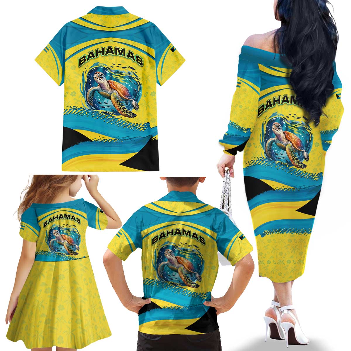 Bahamas Flag Family Matching Off The Shoulder Long Sleeve Dress and Hawaiian Shirt with National Coat of Arms and Sea Turtle Design - Wonder Print Shop
