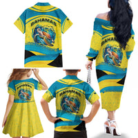 Bahamas Flag Family Matching Off The Shoulder Long Sleeve Dress and Hawaiian Shirt with National Coat of Arms and Sea Turtle Design - Wonder Print Shop