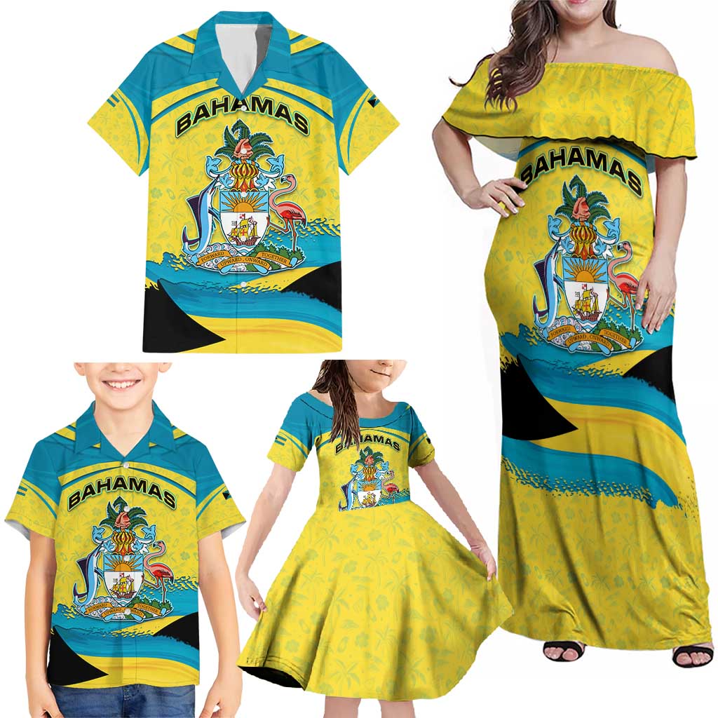 Bahamas Flag Family Matching Off Shoulder Maxi Dress and Hawaiian Shirt with National Coat of Arms and Sea Turtle Design - Wonder Print Shop