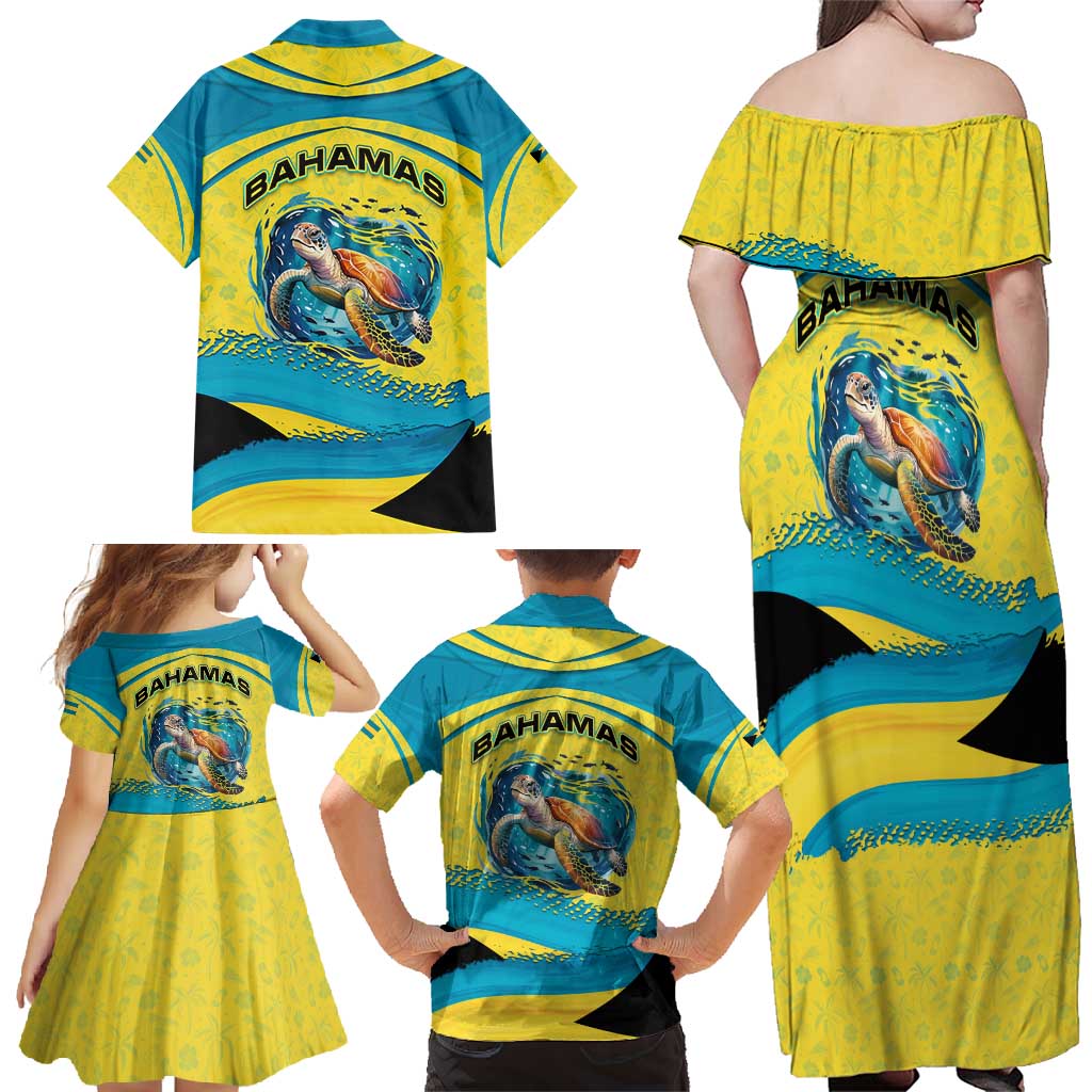 Bahamas Flag Family Matching Off Shoulder Maxi Dress and Hawaiian Shirt with National Coat of Arms and Sea Turtle Design - Wonder Print Shop