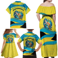 Bahamas Flag Family Matching Off Shoulder Maxi Dress and Hawaiian Shirt with National Coat of Arms and Sea Turtle Design - Wonder Print Shop