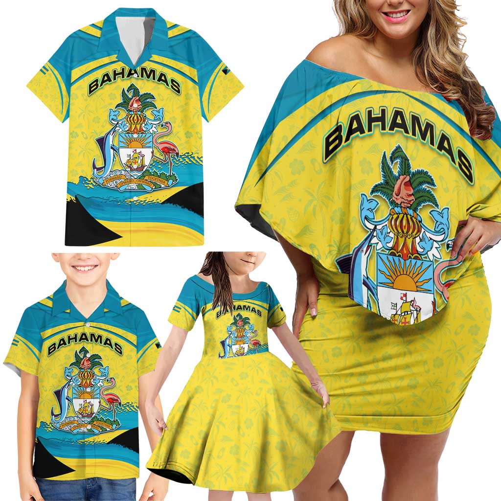 Bahamas Flag Family Matching Off Shoulder Short Dress and Hawaiian Shirt with National Coat of Arms and Sea Turtle Design - Wonder Print Shop