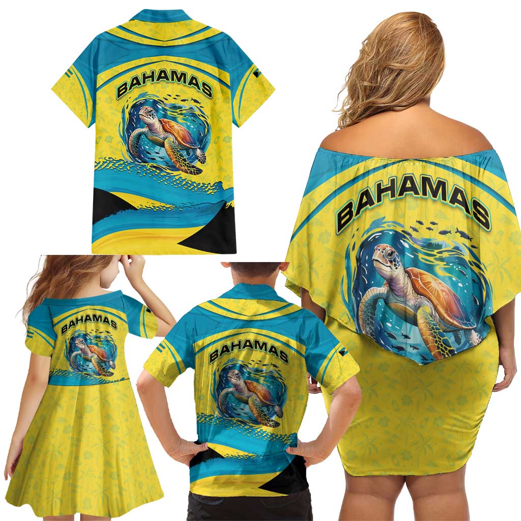 Bahamas Flag Family Matching Off Shoulder Short Dress and Hawaiian Shirt with National Coat of Arms and Sea Turtle Design - Wonder Print Shop
