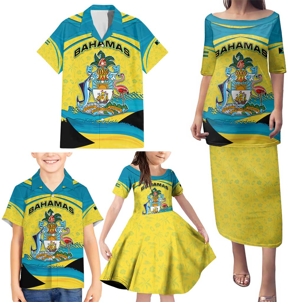 Bahamas Flag Family Matching Puletasi and Hawaiian Shirt with National Coat of Arms and Sea Turtle Design - Wonder Print Shop