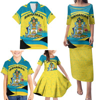 Bahamas Flag Family Matching Puletasi and Hawaiian Shirt with National Coat of Arms and Sea Turtle Design - Wonder Print Shop