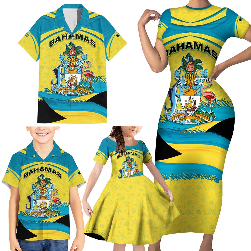Bahamas Flag Family Matching Short Sleeve Bodycon Dress and Hawaiian Shirt with National Coat of Arms and Sea Turtle Design - Wonder Print Shop