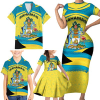 Bahamas Flag Family Matching Short Sleeve Bodycon Dress and Hawaiian Shirt with National Coat of Arms and Sea Turtle Design - Wonder Print Shop
