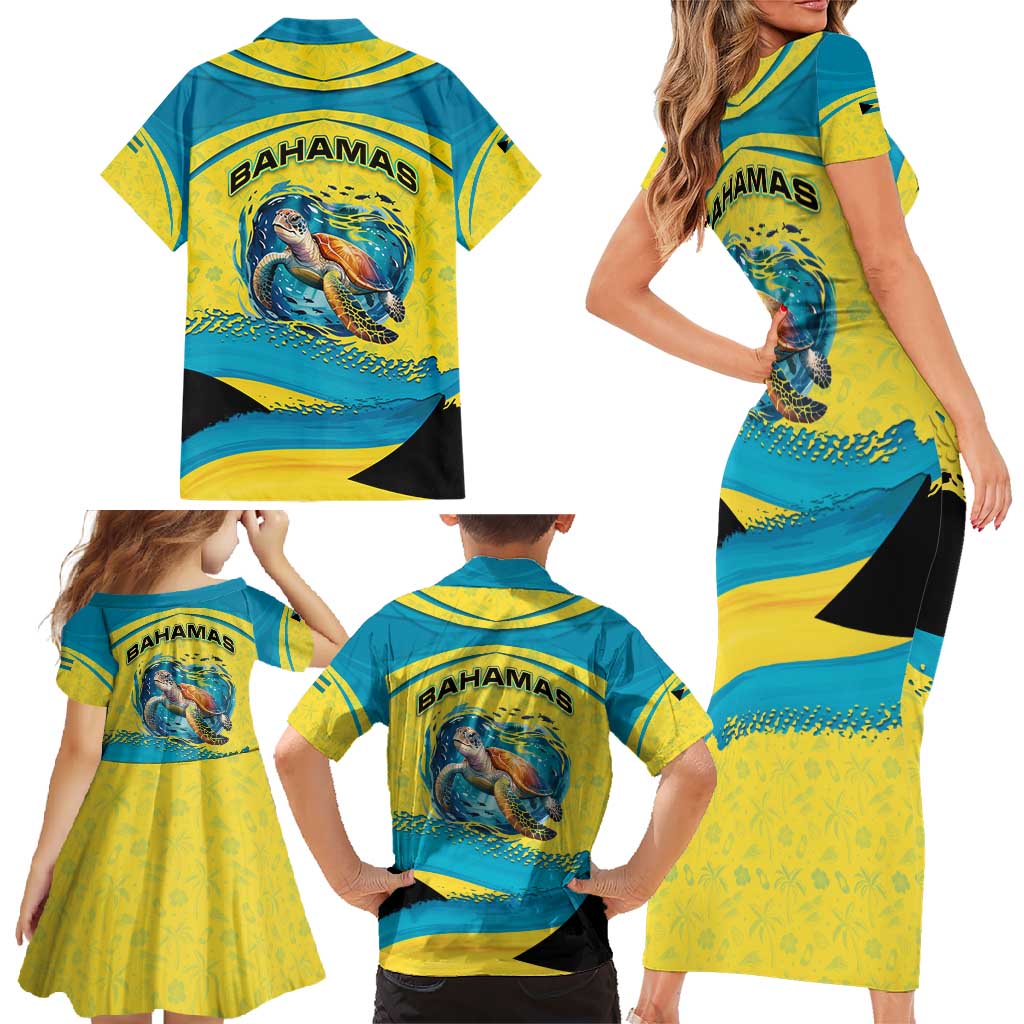 Bahamas Flag Family Matching Short Sleeve Bodycon Dress and Hawaiian Shirt with National Coat of Arms and Sea Turtle Design - Wonder Print Shop