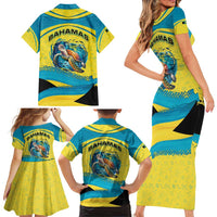 Bahamas Flag Family Matching Short Sleeve Bodycon Dress and Hawaiian Shirt with National Coat of Arms and Sea Turtle Design - Wonder Print Shop