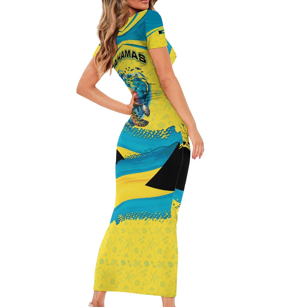 Bahamas Flag Family Matching Short Sleeve Bodycon Dress and Hawaiian Shirt with National Coat of Arms and Sea Turtle Design - Wonder Print Shop