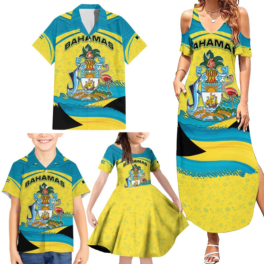 Bahamas Flag Family Matching Summer Maxi Dress and Hawaiian Shirt with National Coat of Arms and Sea Turtle Design - Wonder Print Shop