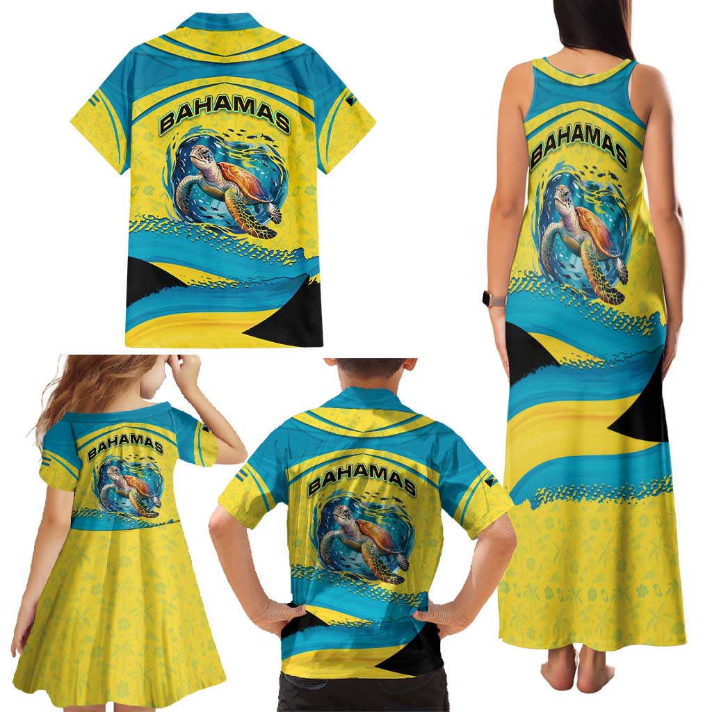 Bahamas Flag Family Matching Tank Maxi Dress and Hawaiian Shirt with National Coat of Arms and Sea Turtle Design - Wonder Print Shop