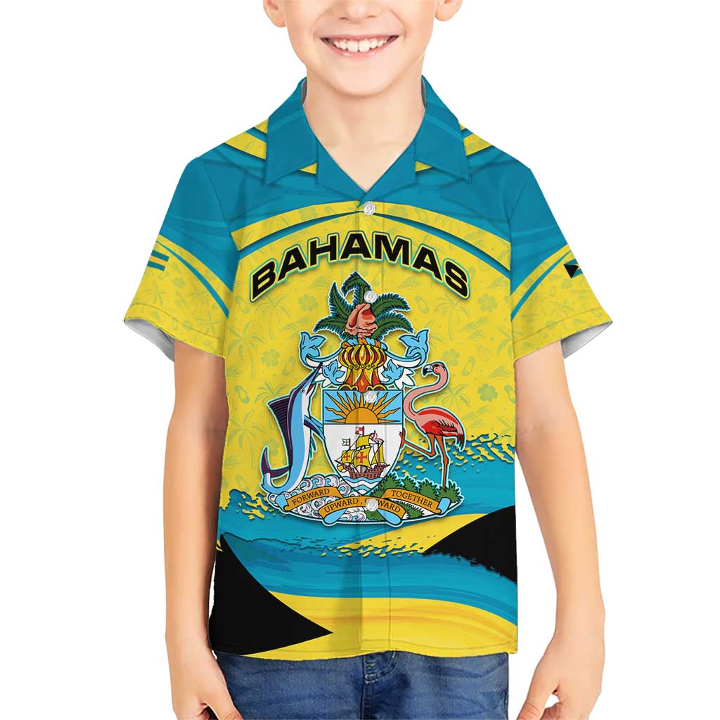 Bahamas Flag Kid Hawaiian Shirt with National Coat of Arms and Sea Turtle Design - Wonder Print Shop