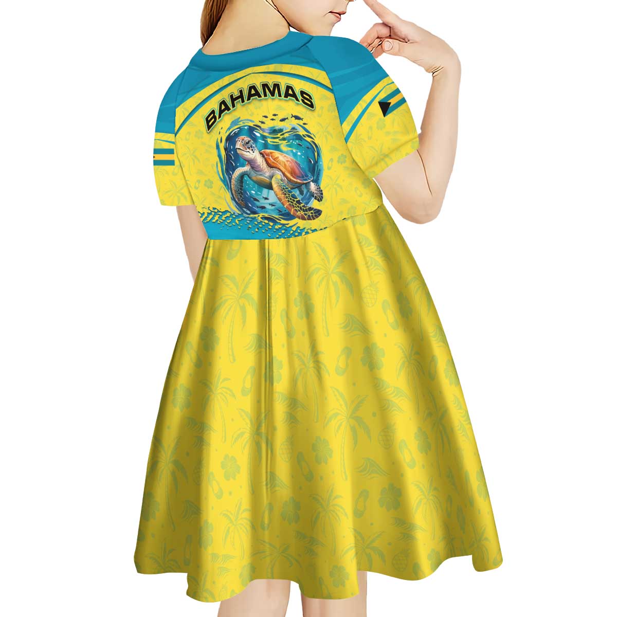 Bahamas Flag Kid Short Sleeve Dress with National Coat of Arms and Sea Turtle Design - Wonder Print Shop