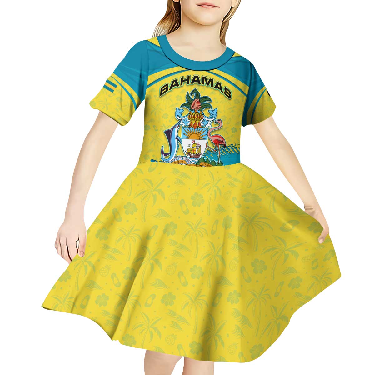 Bahamas Flag Kid Short Sleeve Dress with National Coat of Arms and Sea Turtle Design - Wonder Print Shop