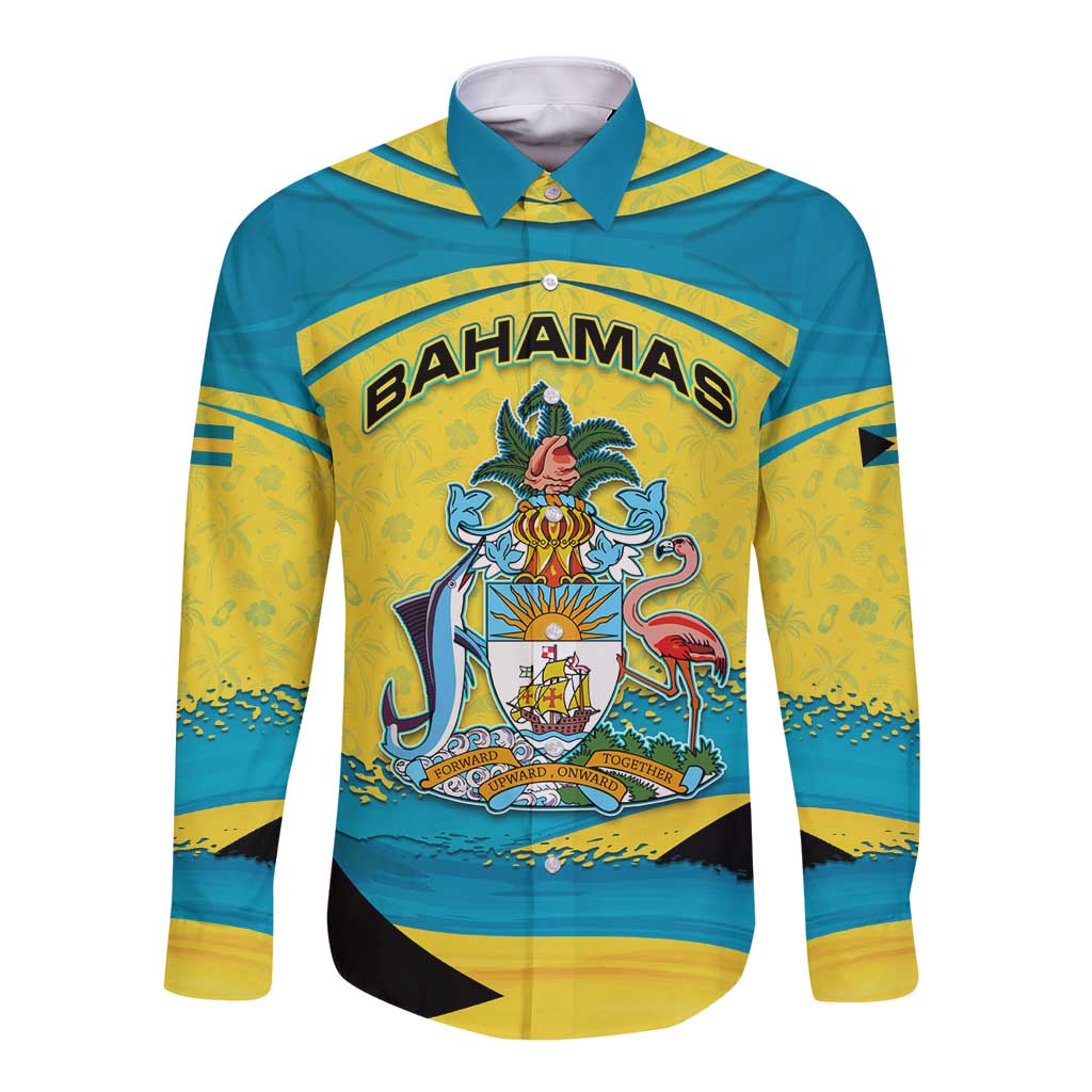 Bahamas Flag Long Sleeve Button Shirt with National Coat of Arms and Sea Turtle Design - Wonder Print Shop