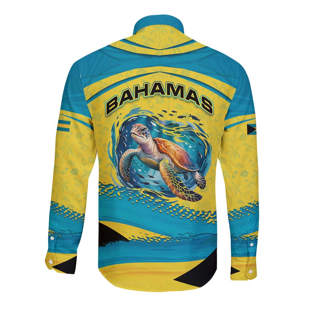 Bahamas Flag Long Sleeve Button Shirt with National Coat of Arms and Sea Turtle Design - Wonder Print Shop