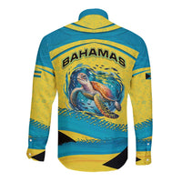 Bahamas Flag Long Sleeve Button Shirt with National Coat of Arms and Sea Turtle Design - Wonder Print Shop