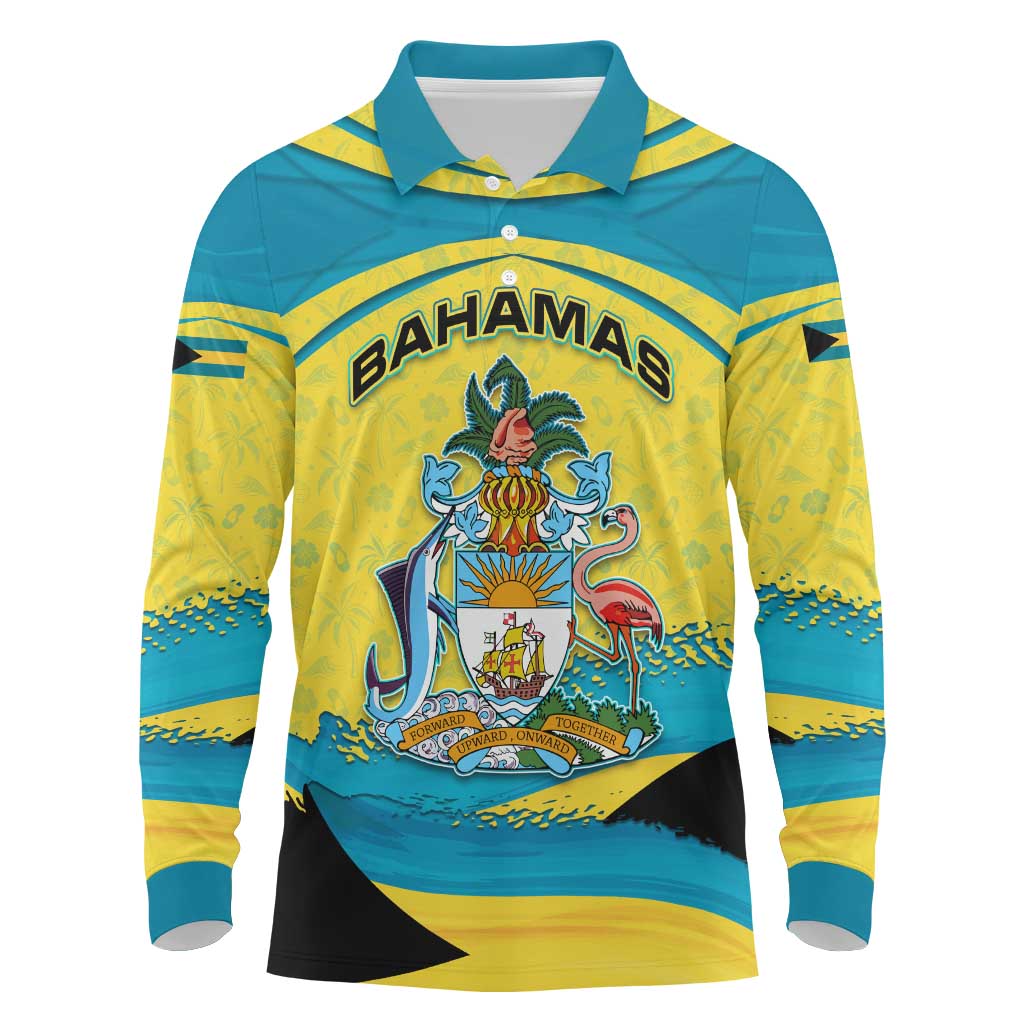 Bahamas Flag Long Sleeve Polo Shirt with National Coat of Arms and Sea Turtle Design - Wonder Print Shop