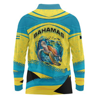 Bahamas Flag Long Sleeve Polo Shirt with National Coat of Arms and Sea Turtle Design - Wonder Print Shop