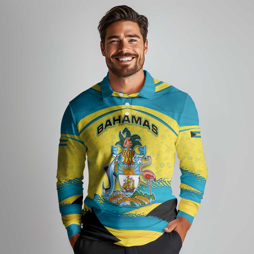 Bahamas Flag Long Sleeve Polo Shirt with National Coat of Arms and Sea Turtle Design - Wonder Print Shop