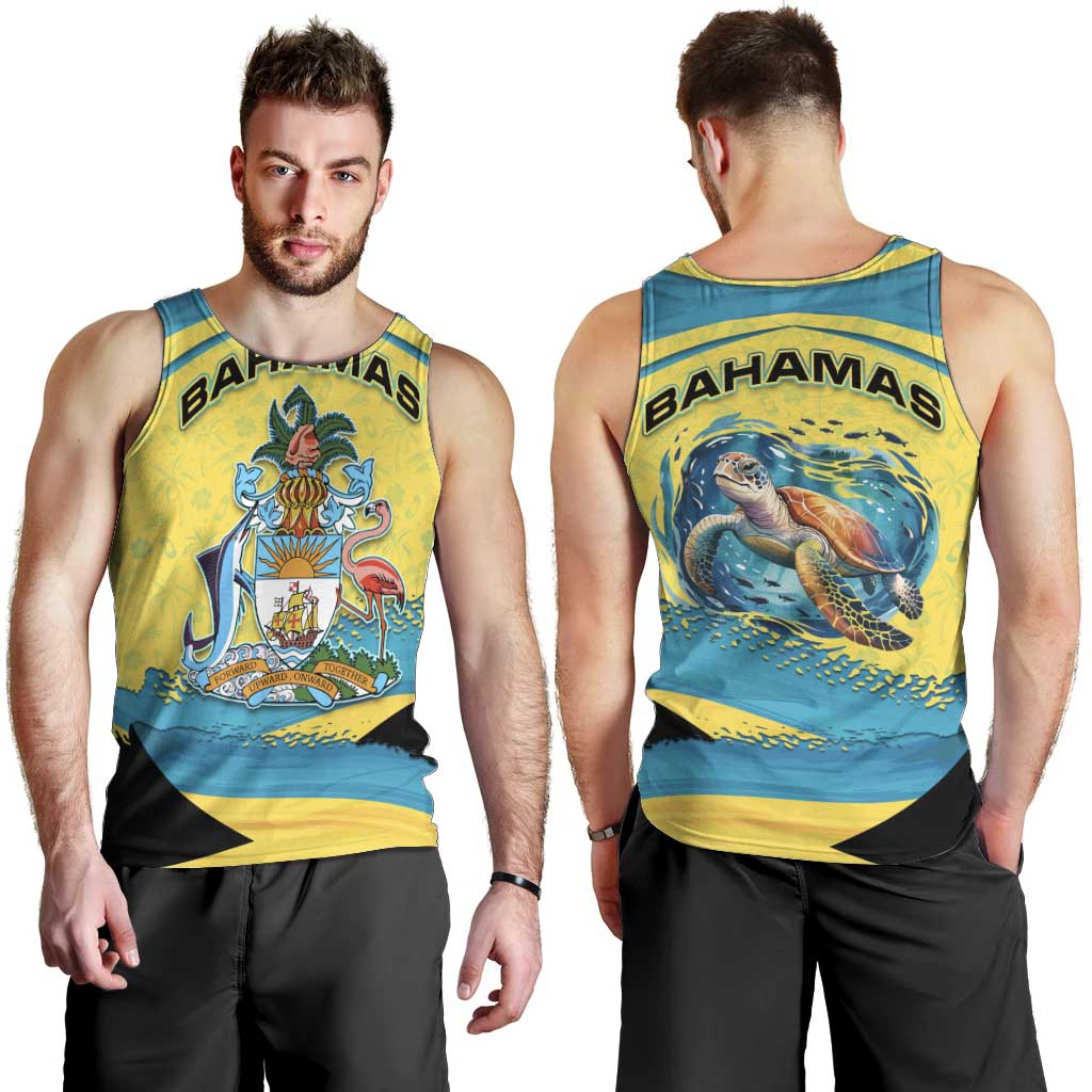 Bahamas Flag Men Tank Top with National Coat of Arms and Sea Turtle Design - Wonder Print Shop
