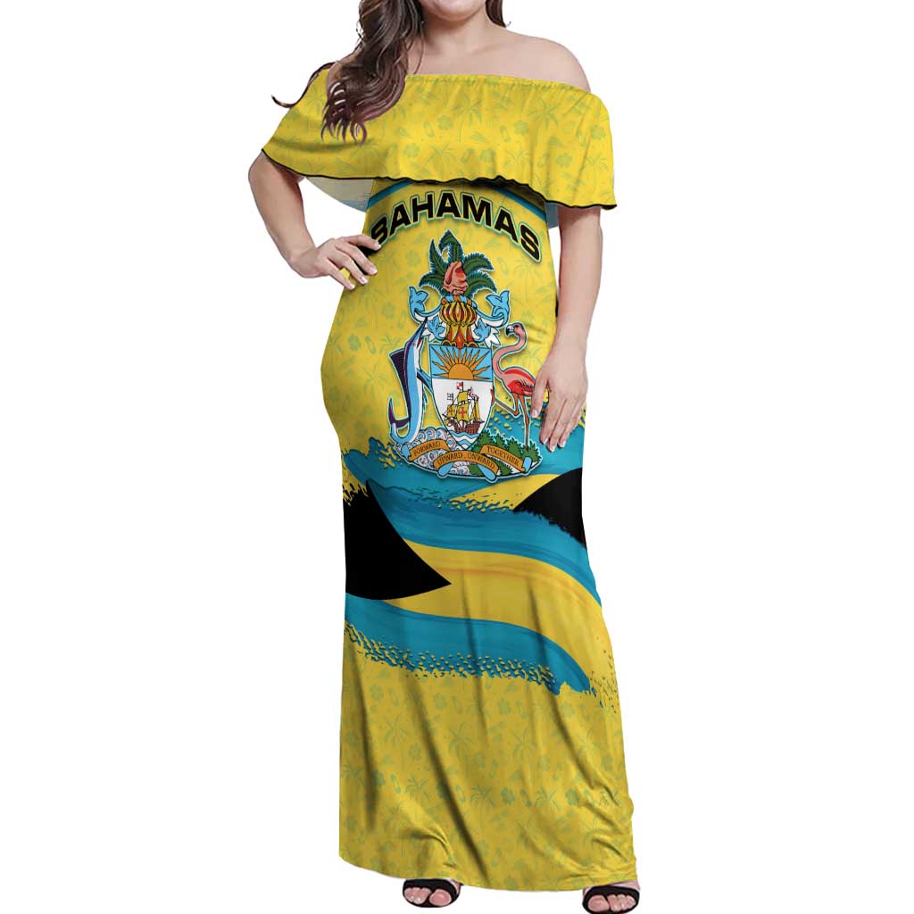 Bahamas Flag Off Shoulder Maxi Dress with National Coat of Arms and Sea Turtle Design - Wonder Print Shop