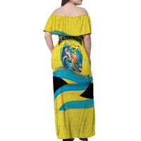 Bahamas Flag Off Shoulder Maxi Dress with National Coat of Arms and Sea Turtle Design - Wonder Print Shop