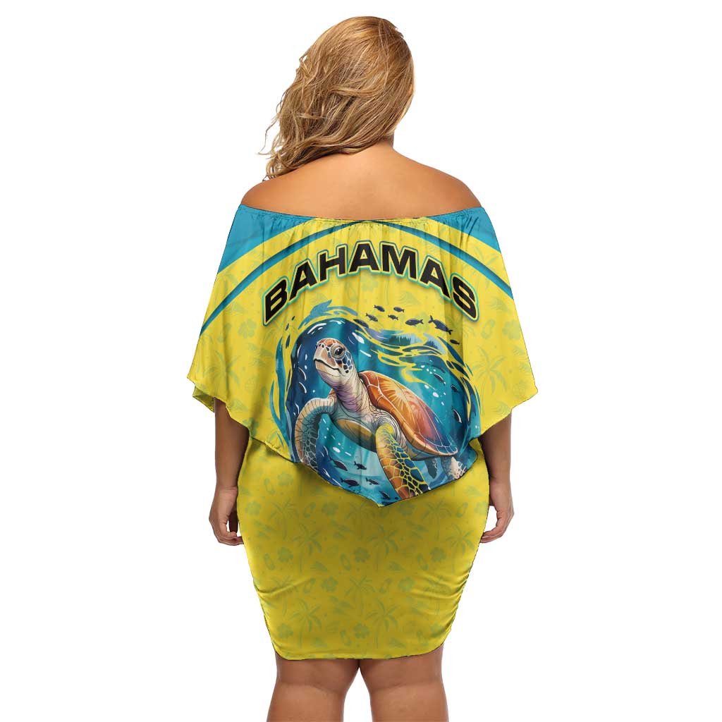 Bahamas Flag Off Shoulder Short Dress with National Coat of Arms and Sea Turtle Design - Wonder Print Shop