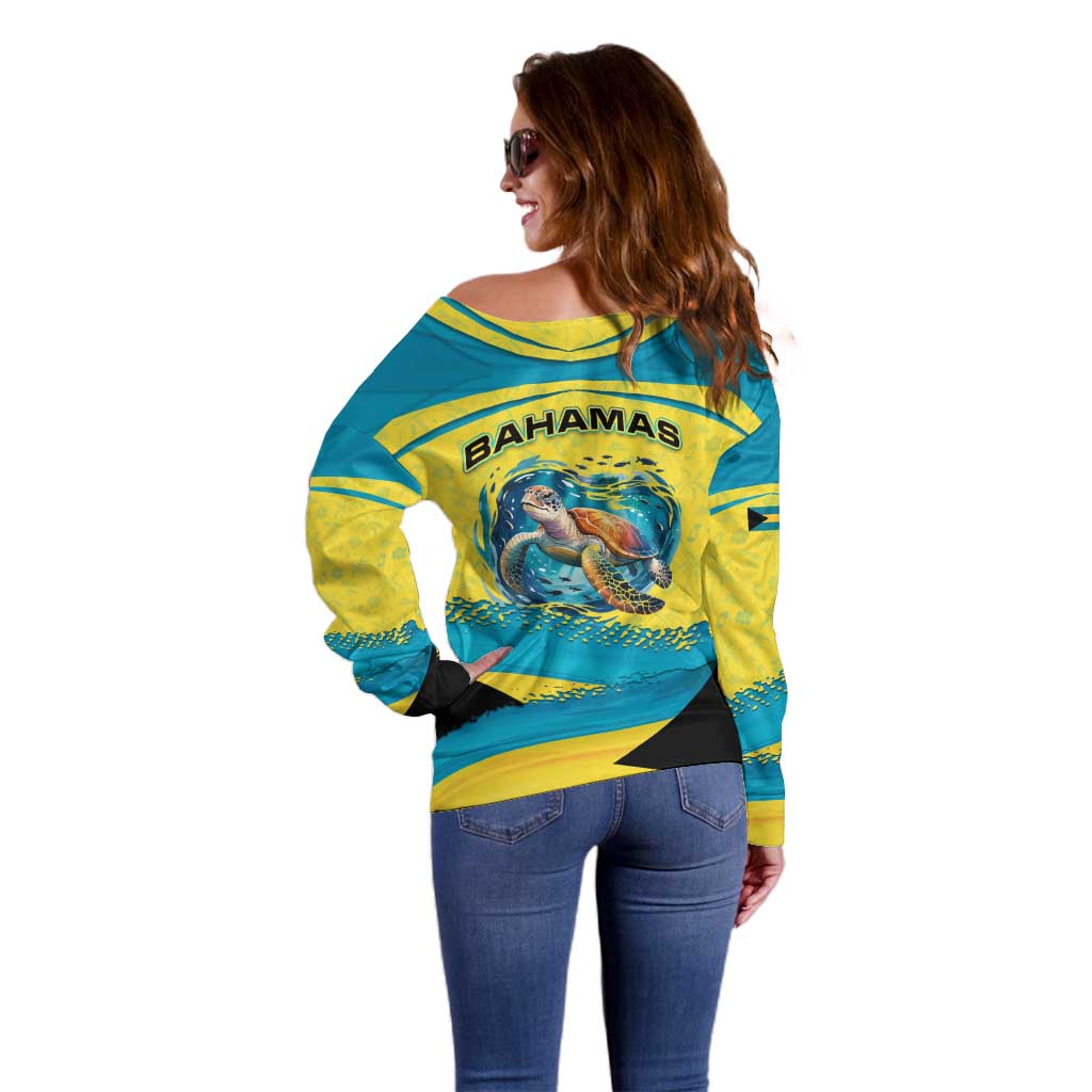 Bahamas Flag Off Shoulder Sweater with National Coat of Arms and Sea Turtle Design - Wonder Print Shop