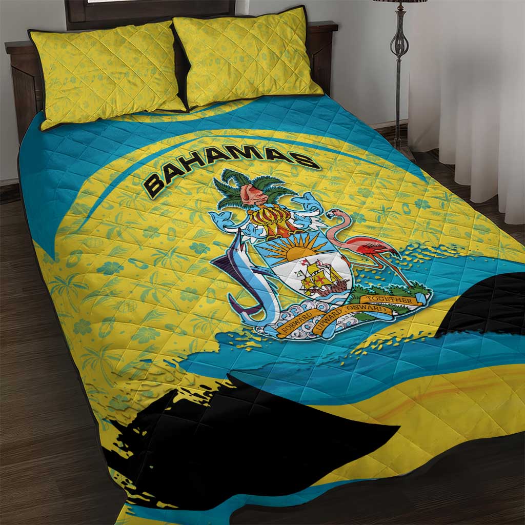 Bahamas Flag Quilt Bed Set with National Coat of Arms and Sea Turtle Design - Wonder Print Shop