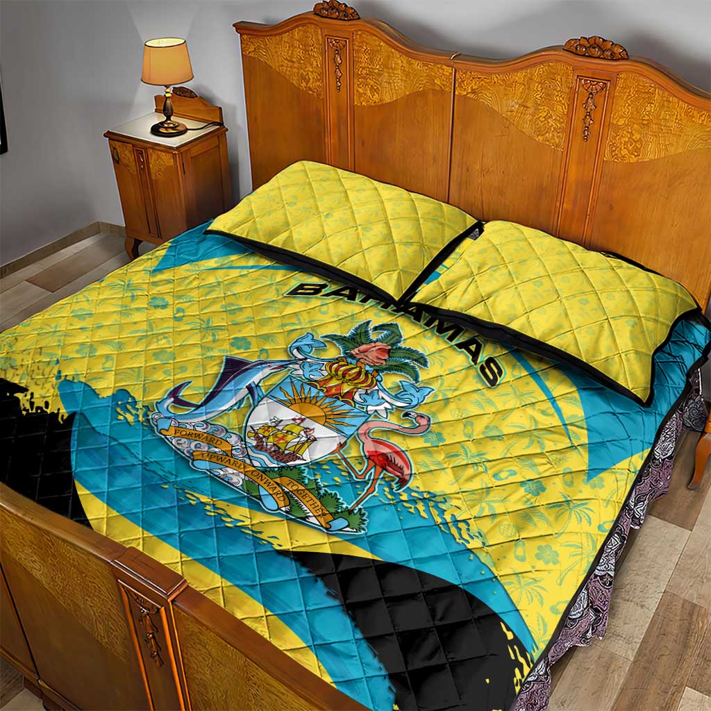 Bahamas Flag Quilt Bed Set with National Coat of Arms and Sea Turtle Design - Wonder Print Shop