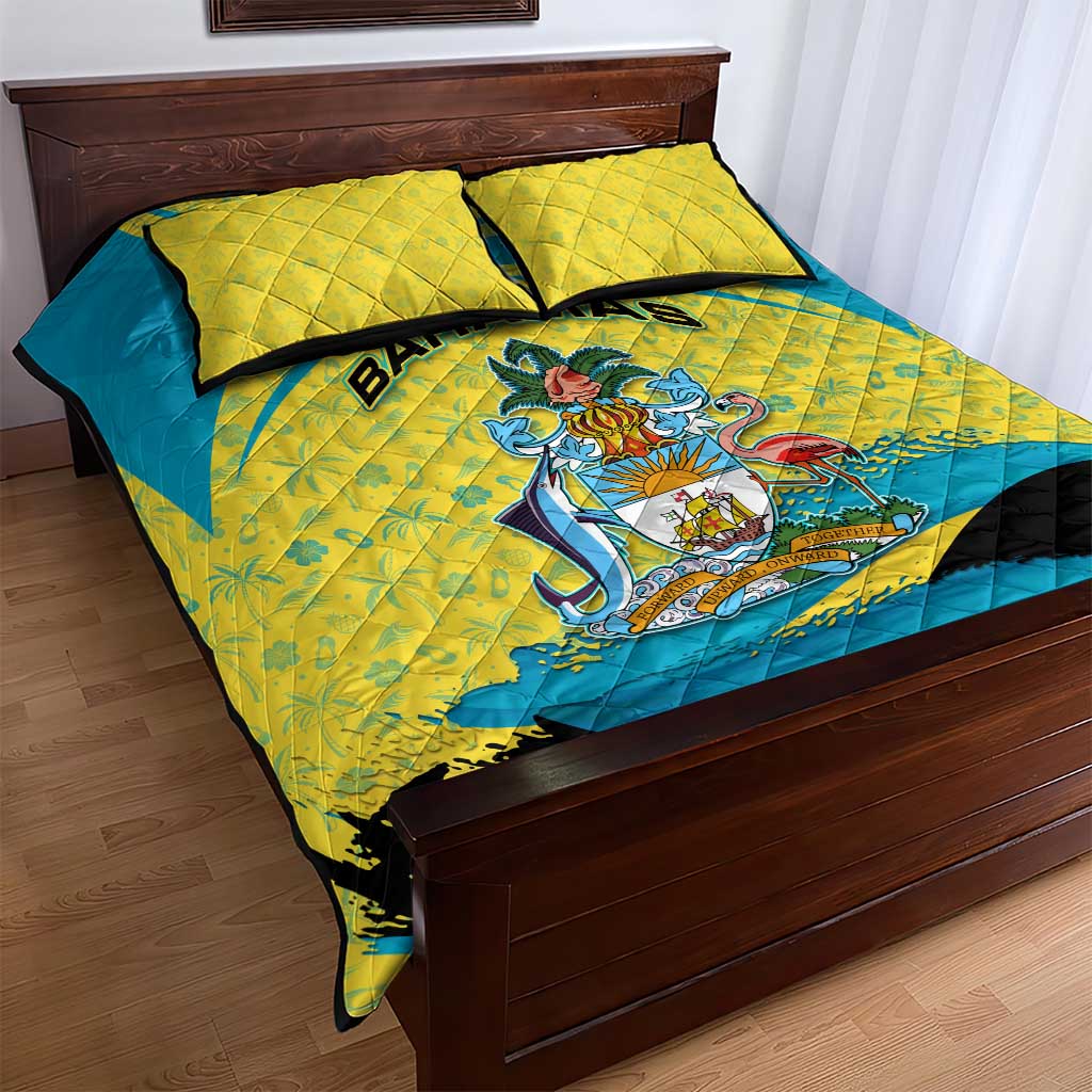 Bahamas Flag Quilt Bed Set with National Coat of Arms and Sea Turtle Design - Wonder Print Shop