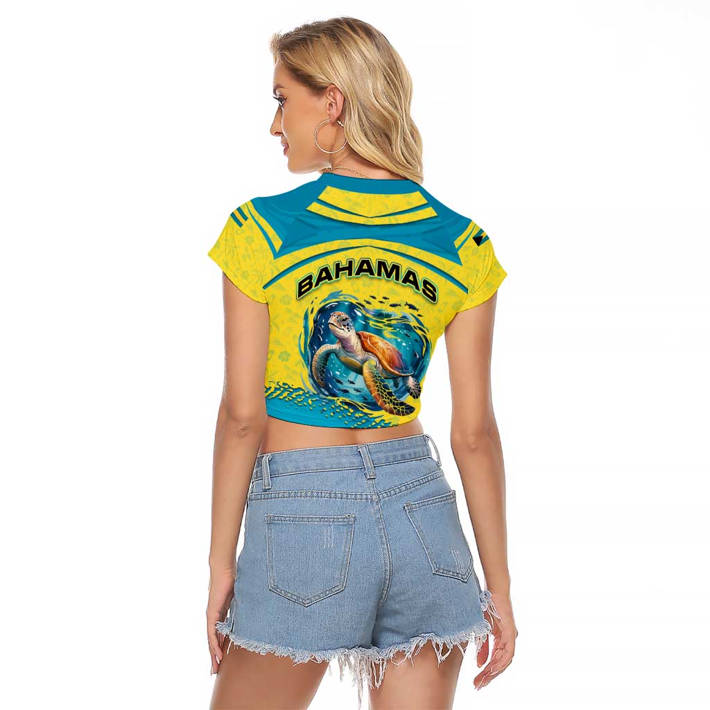 Bahamas Flag Raglan Cropped T Shirt with National Coat of Arms and Sea Turtle Design - Wonder Print Shop