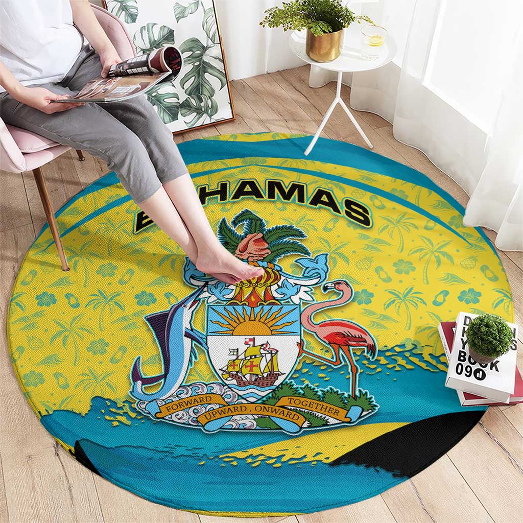 Bahamas Flag Round Carpet with National Coat of Arms and Sea Turtle Design - Wonder Print Shop