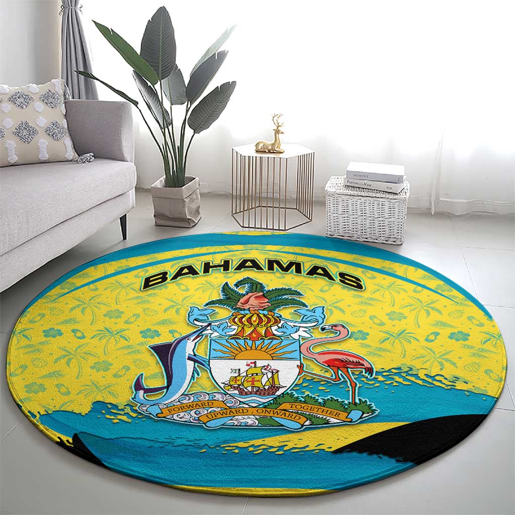 Bahamas Flag Round Carpet with National Coat of Arms and Sea Turtle Design - Wonder Print Shop